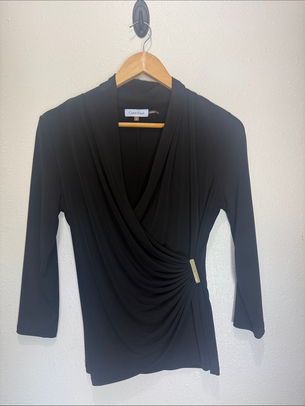 Calvin Klein Black Wrap-Style Draped Women's Top, Size S